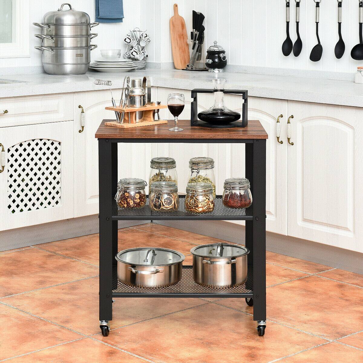 Alt View 3. Gymax - Gymax 3-Tier Industrial Serving Cart Kitchen Utility Cart on Wheels w/Storage Black - Black.