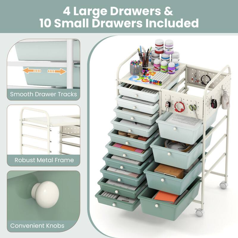 4 Large Drawers & 10 Small Drawers Included  
Smooth Drawer Tracks  
Robust Metal Frame  
Convenient Knobs