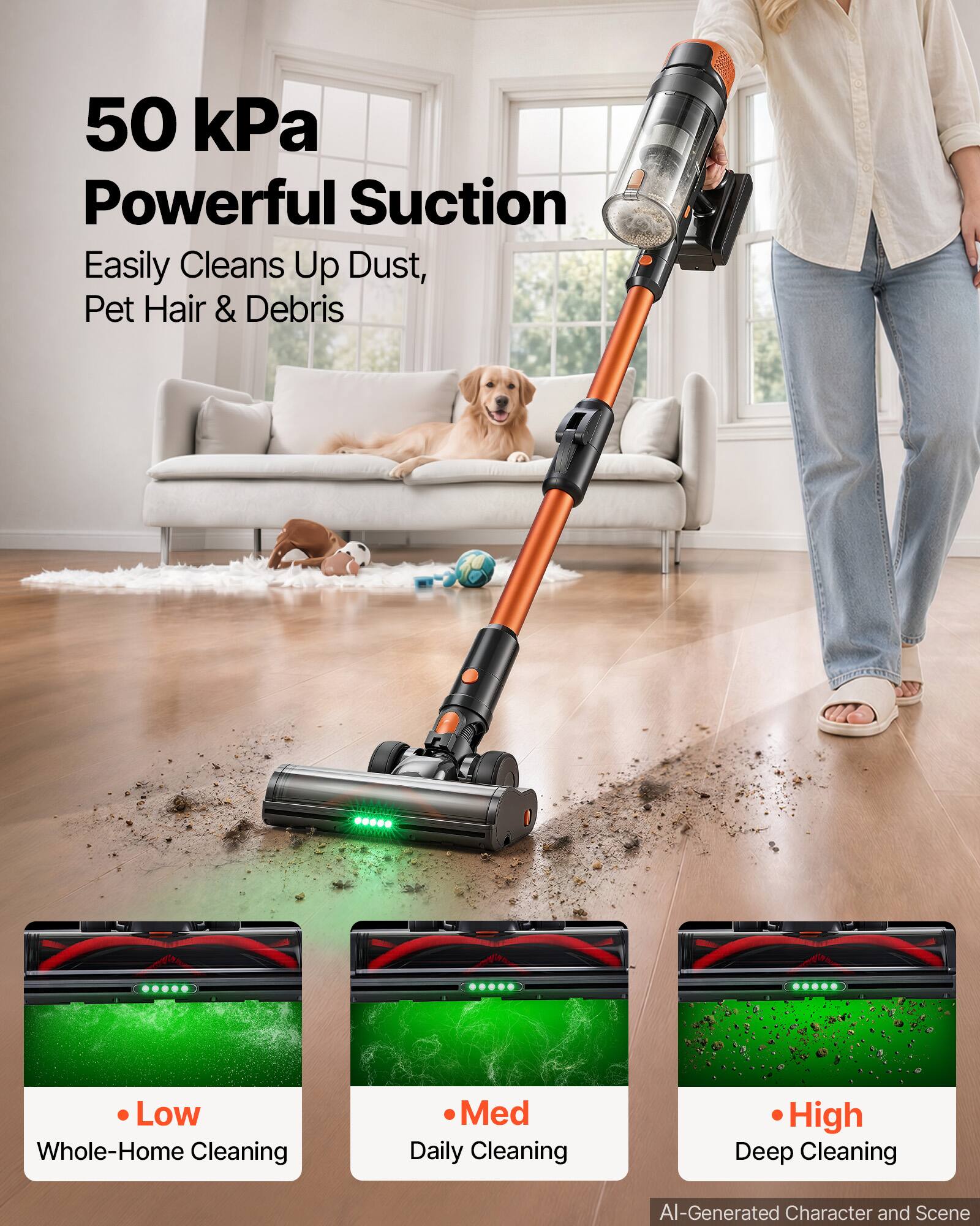 50 kPa Powerful Suction  
Easily Cleans Up Dust, Pet Hair & Debris  

Low Whole-Home Cleaning  
Med Daily Cleaning  
High Deep Cleaning  

AI-Generated Character and Scene