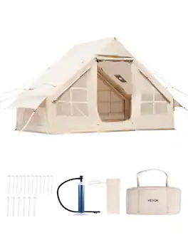 VEVOR - Inflatable Tents, 3-5 Person Easy Setup Blow up Tent with Hand Pump, 300D Oxford 4 Season Glamping Tent with Stove Jack - Beige