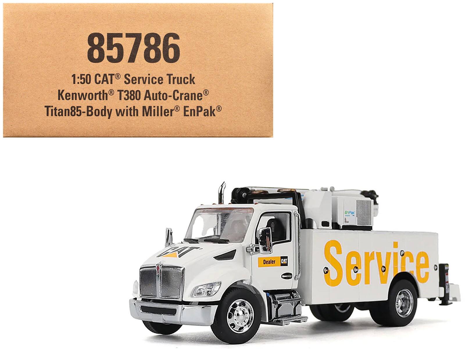 85786  
1:50 CAT® Service Truck  
Kenworth® T380 Auto-Crane®  
Titan85-Body with Miller® EnPak®  

Service  
Dealer CAT