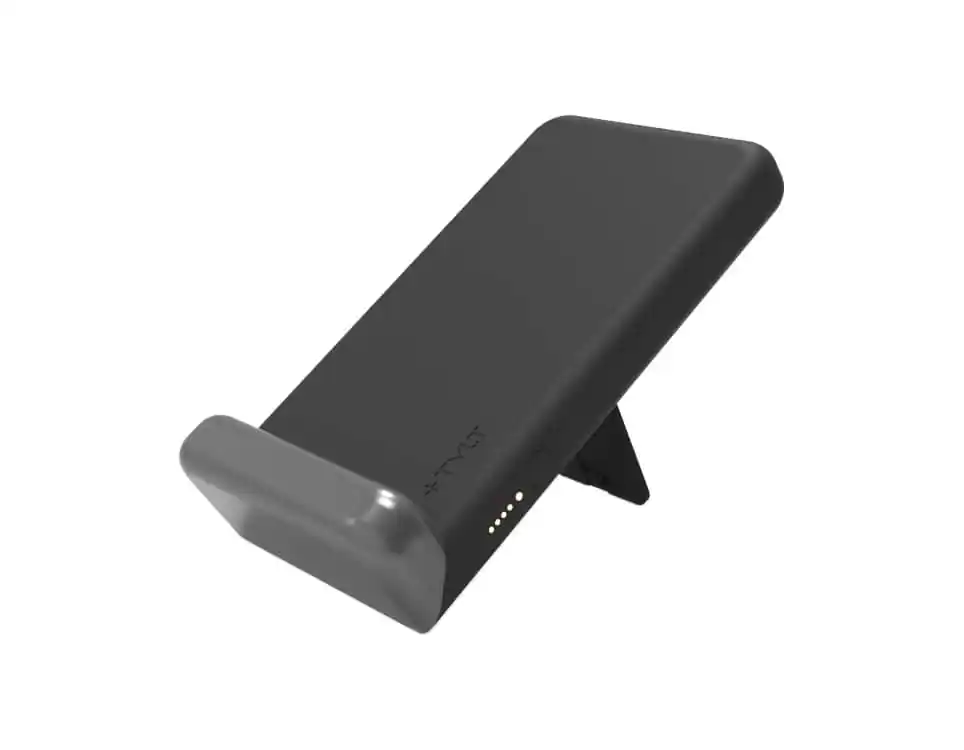 Front. TYLT - Tylt Pivot Portable Wireless Power Bank + Stand Portable Wireless Charger Twists Into Fast Wireless Charging Stand Black - Black.
