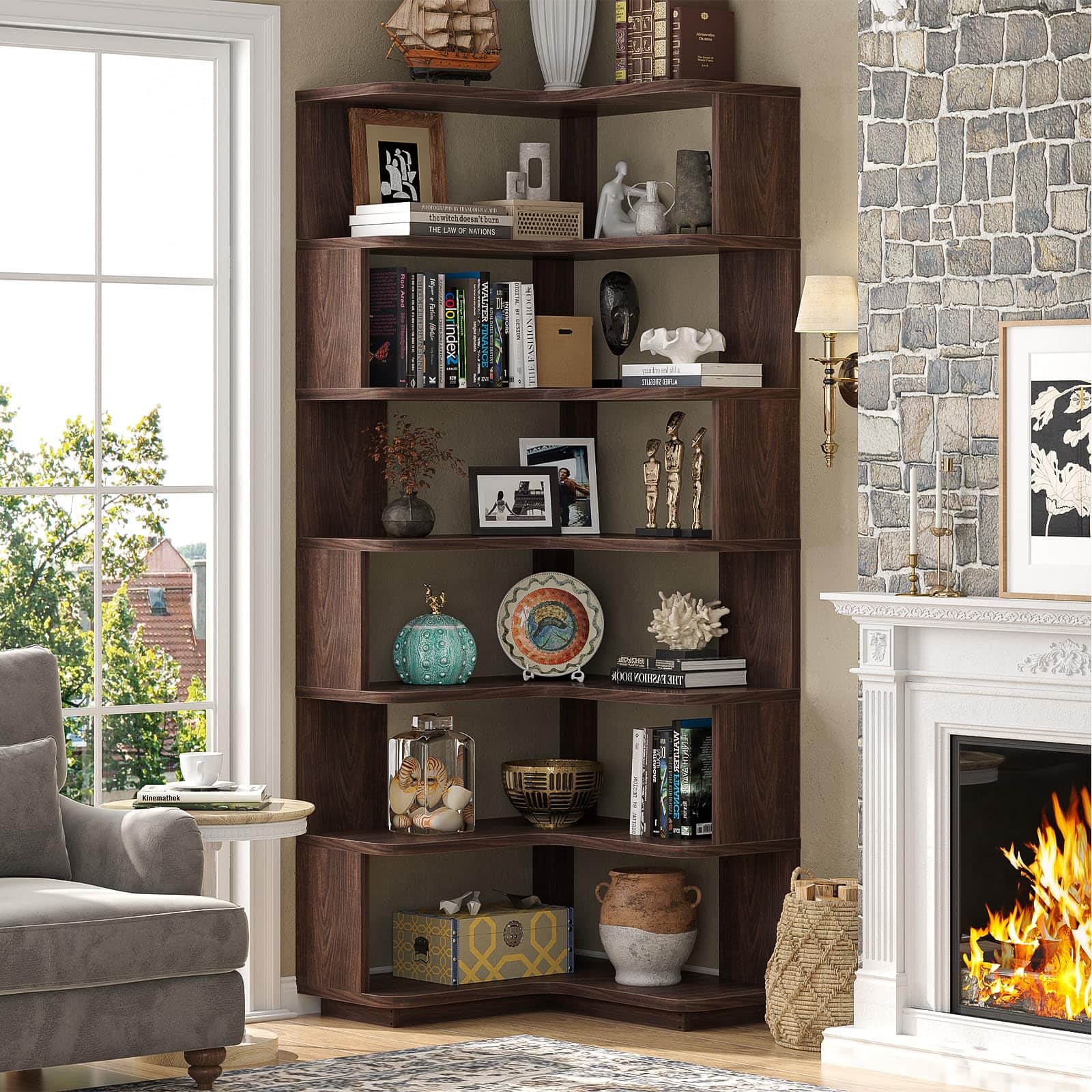 Aheaplus - 7-Tier Freestanding L-Shaped Corner Bookshelf with Baffle - Versatile Etagere for Home, Office & Kitchen - Black Walnut