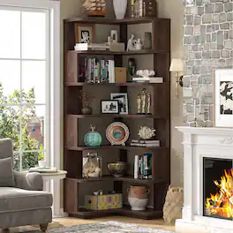 Aheaplus - 7-Tier Freestanding L-Shaped Corner Bookshelf with Baffle - Versatile Etagere for Home, Office & Kitchen - Black Walnut