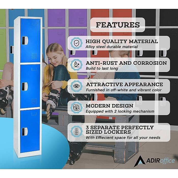 FEATURES

HIGH QUALITY MATERIAL
Alloy steel durable material

ANTI-RUST AND CORROSION
Build to last long

ATTRACTIVE APPEARANCE
Furnished in off-white and vibrant color

MODERN DESIGN
Equipped with 2 locking mechanism

3 SEPARATE PERFECTLY SIZED LOCKERS
With Efficient space for all your needs

ADIRoffice