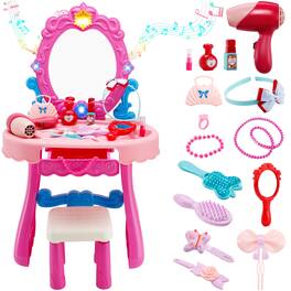 Topteng - Kids Vanity Set with Lights & Music, 29PCS Accessories - Includes Mirror, Stool, Hair Dryer, Safe for Girls