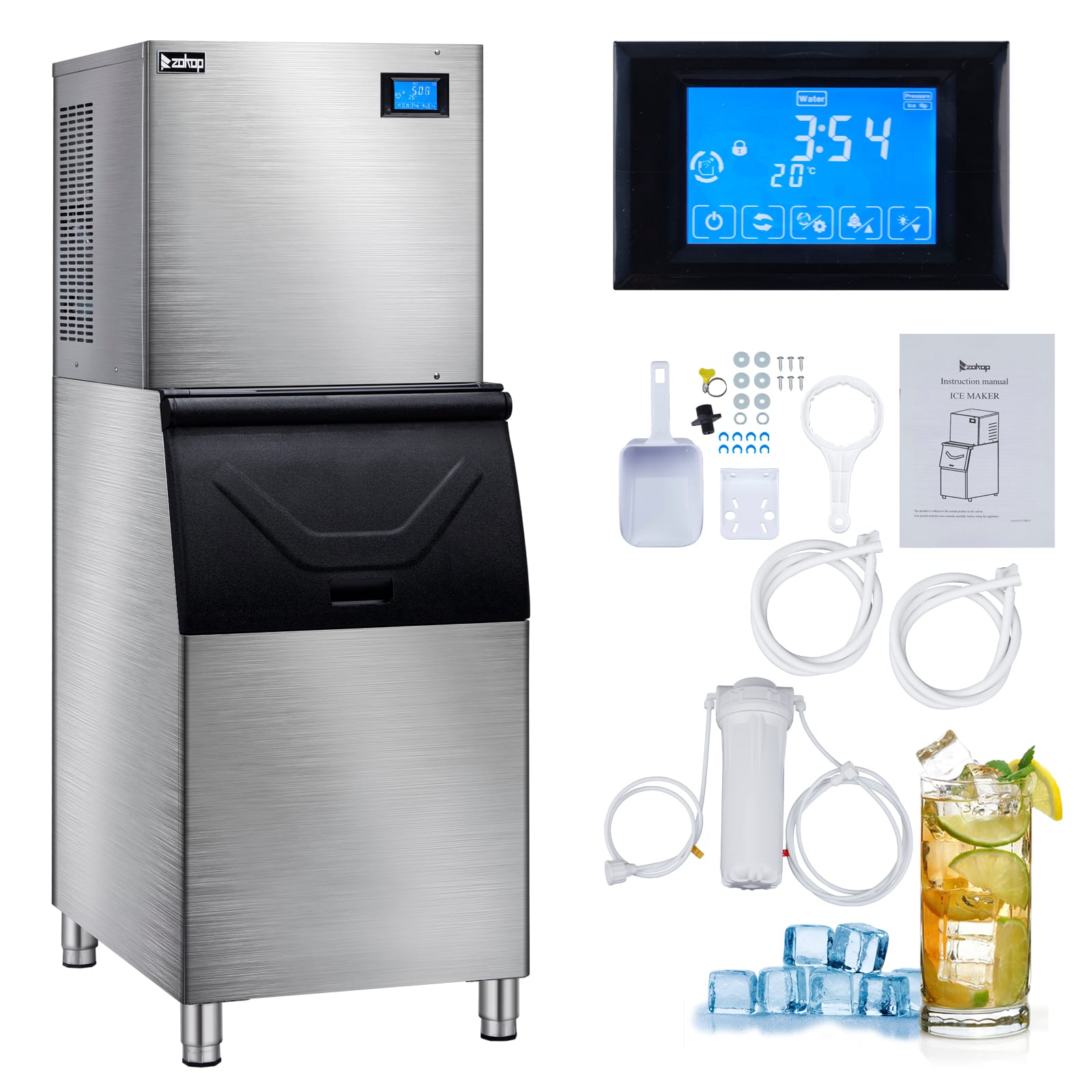Winado - Commercial Ice Maker Machine, 550lbs/24H Production, 265lbs Storage Bin, Industrial Ice Machine, Stainless Steel Ice - Silver