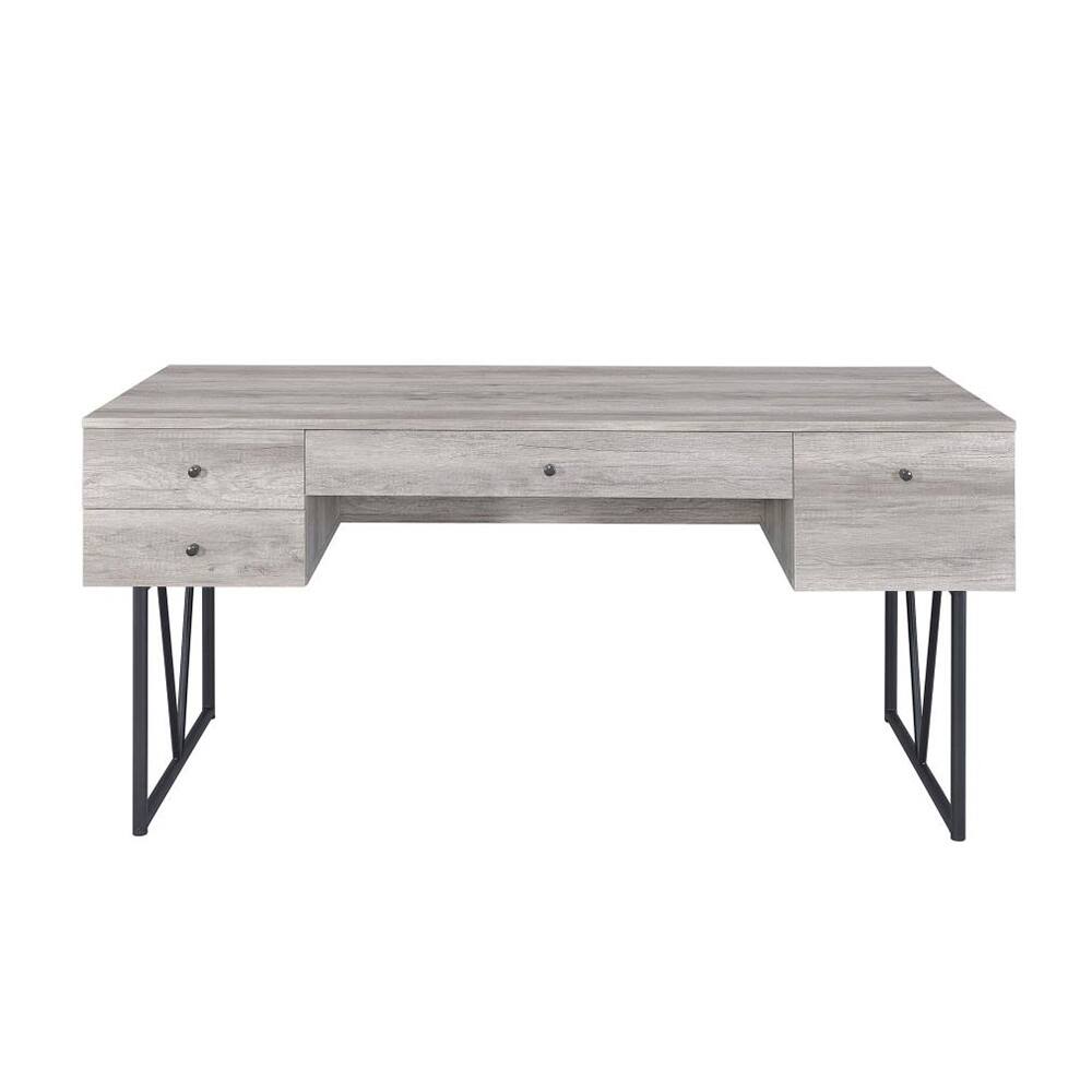 Front. Spaco - Driftwood Writing Desk with Four Drawers, Open Shelf, Black Metal Legs - Grey.