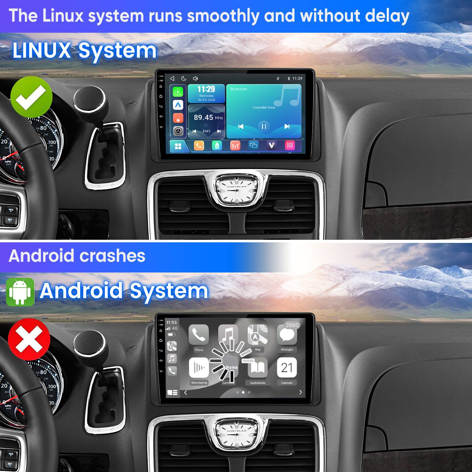 The Linux system runs smoothly and without delay  
LINUX System  
11:29  
Wednesday 04-03-2026  
Bluetooth  
I wonder how  
89.45 MHz FM1  

Android crashes  
Android System  
11:55  
4G  
Phone  
Home  
Now playing  
Cantome  
20 100 70  
Rup Audobooks  
2860 Messages  
21 Calendar