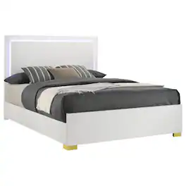 Manhattan Lane - Dex Full Size Bed with LED Framed Headboard, White Wood Finish, Gold Legs - White, Gold