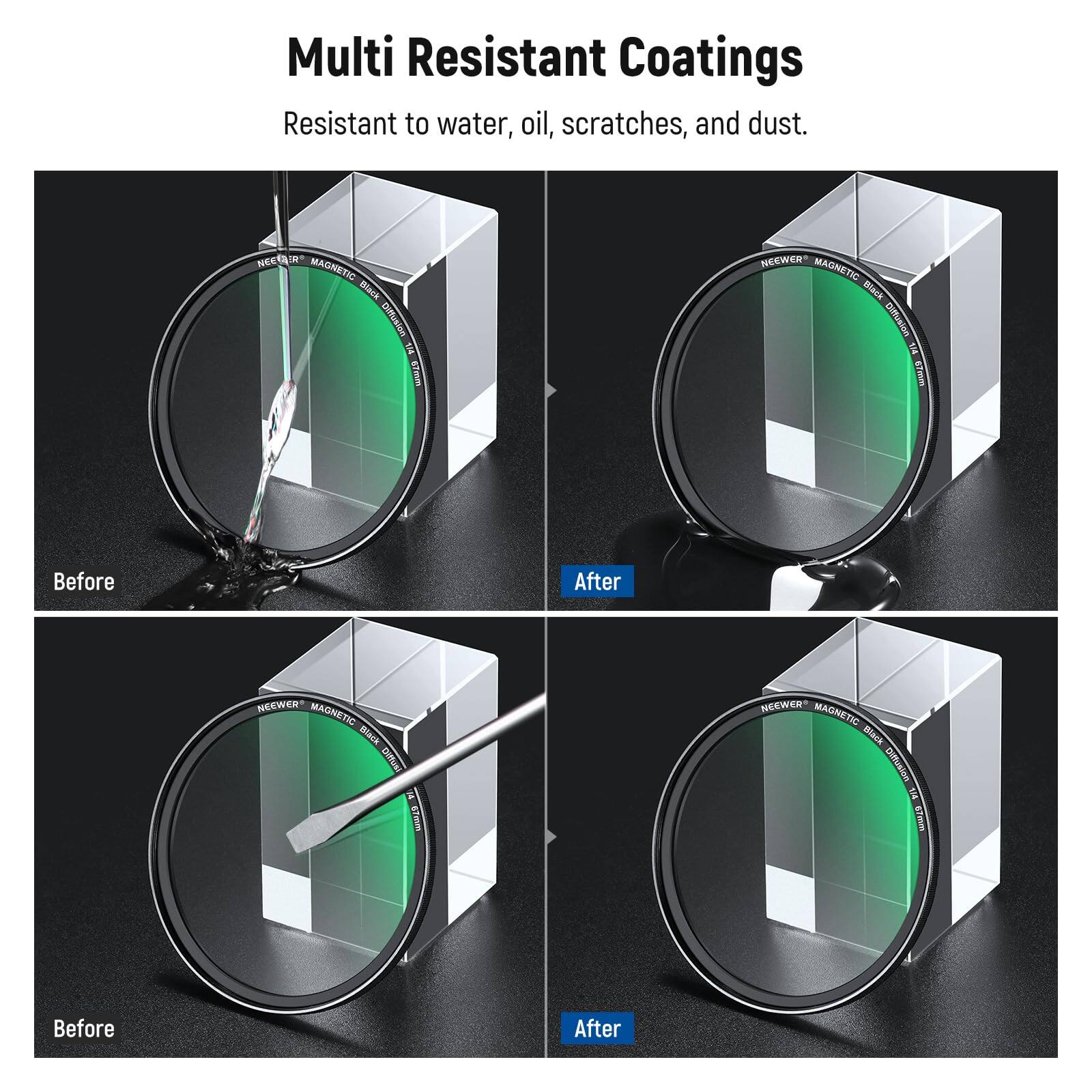 Multi Resistant Coatings  
Resistant to water, oil, scratches, and dust.  

MAGNETIC Back Diffusion  
NEEWER MAGNETIC Rask DITAsten E SAU  
Before After  
NEEWER MAGNETIC Stack oiftual 2 STYmN  
NEEWER MAGNETIC Black Gstuson 2 A  
Before After