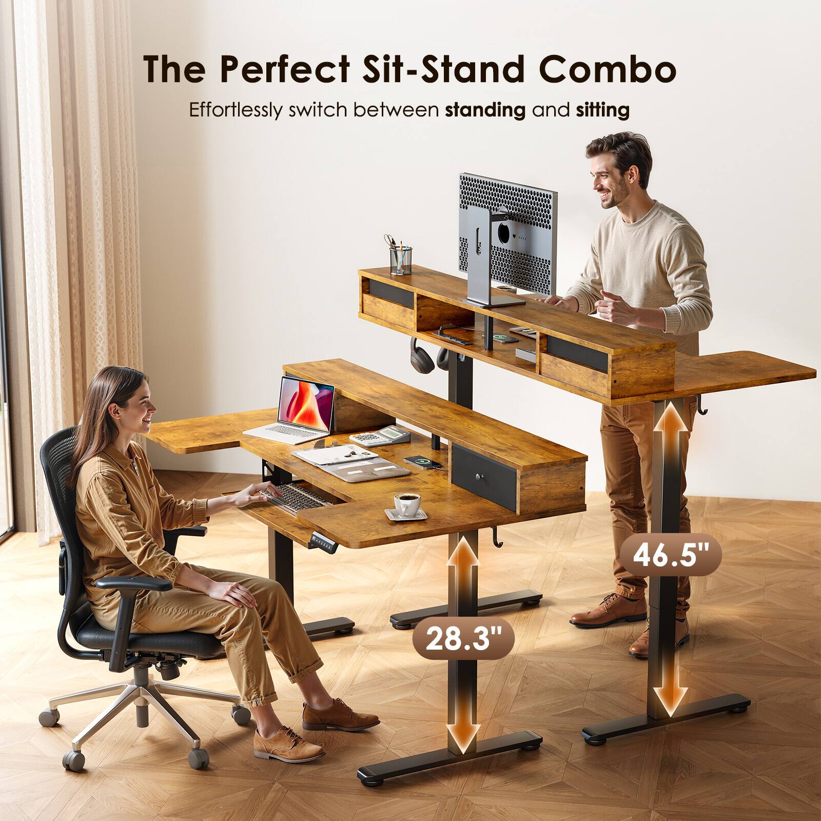 The Perfect Sit-Stand Combo  
Effortlessly switch between standing and sitting  
46.5"  
28.3"