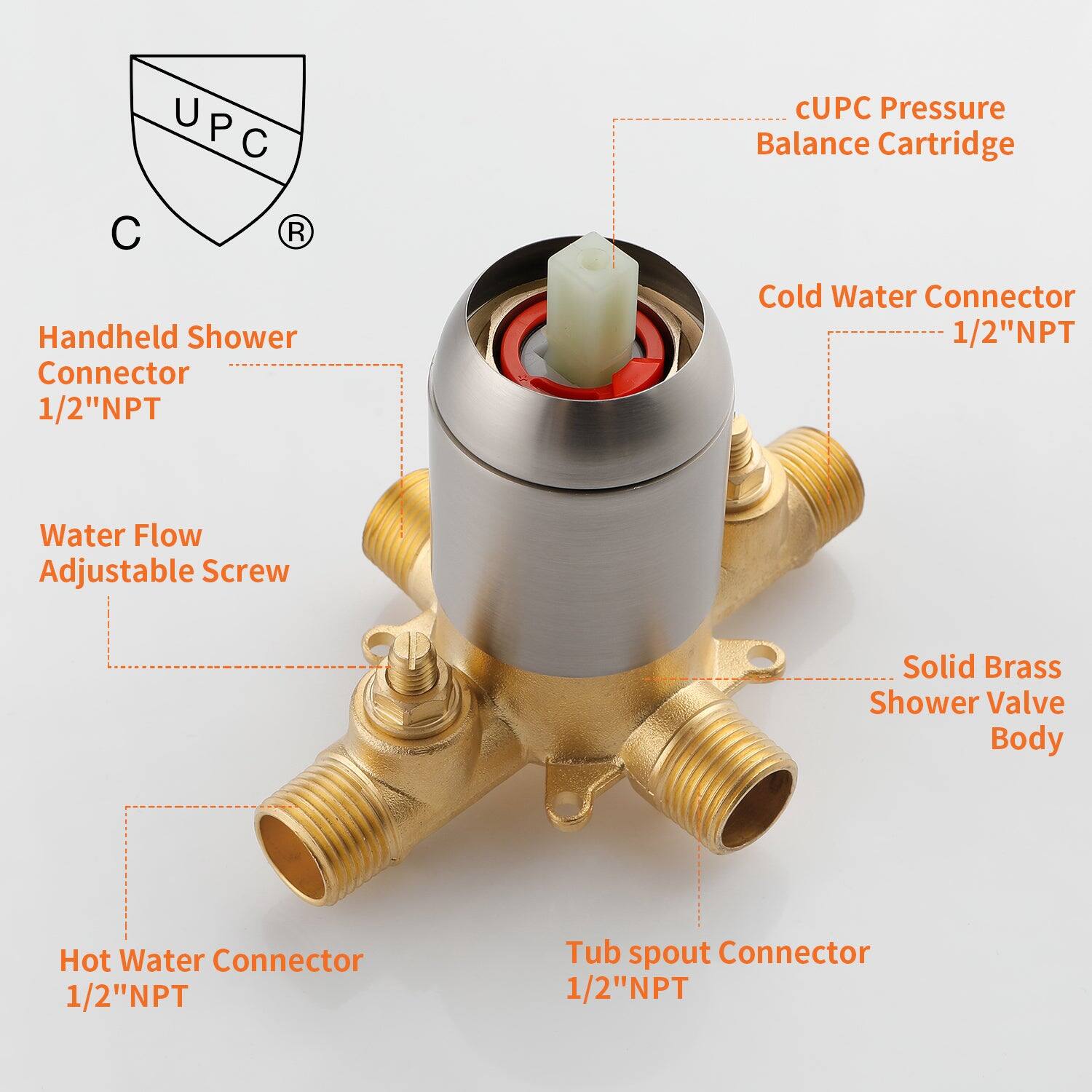 UPC Pressure Balance Cartridge Handheld Shower Connector 1/2"NPT Cold Water Connector 1/2"NPT Water Flow Adjustable Screw Solid Brass Shower Valve Body Hot Water Connector 1/2"NPT Tub spout Connector 1/2"NPT