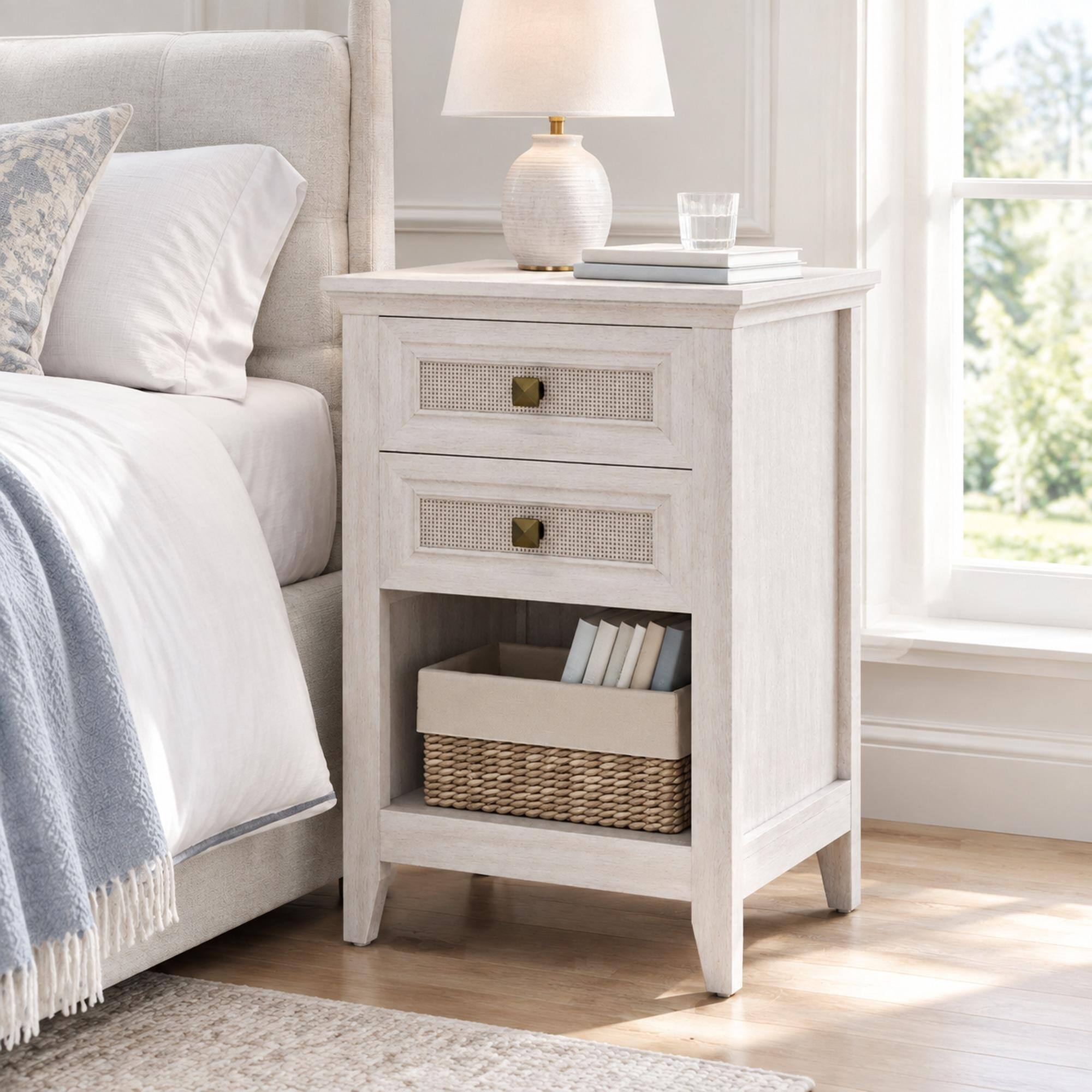 Front. RYHNUYNE - Farmhouse Nightstand, 2 Rattan Decor Drawers, Open Storage Shelf, Grayish White Wood Bedside Table for Bedroom - White.