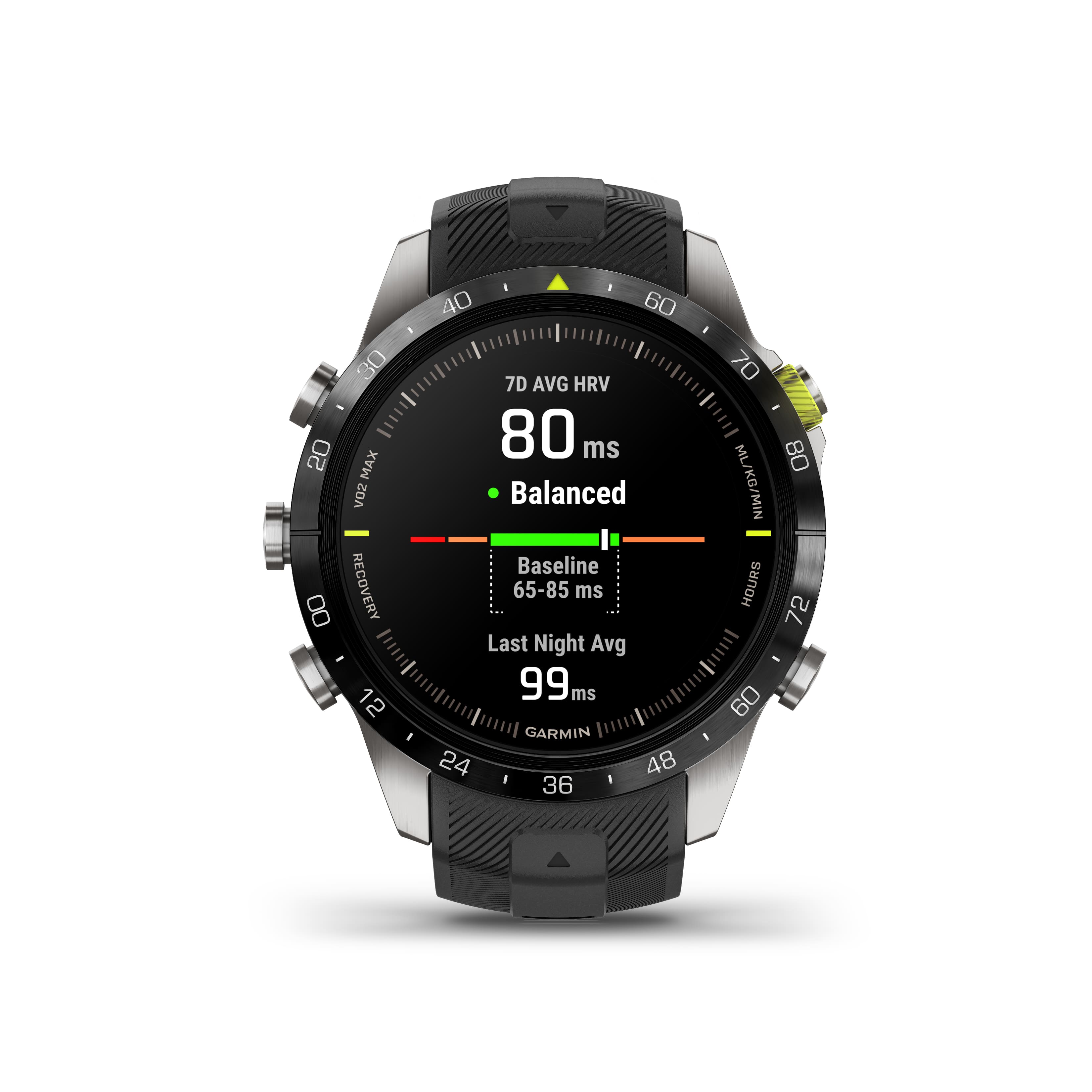 The text on the image is a description of a watch that displays various health-related data. The watch is designed to track heart rate variability (HRV) and has a balanced HRV of 80 ms. The watch also displays the average HRV over the past seven days, which is 65-85 ms. Additionally, the watch shows the average HRV from the previous night, which is 99 ms. The watch is made by Garmin and is designed to track various health metrics, including heart rate, blood oxygen saturation, and sleep quality.