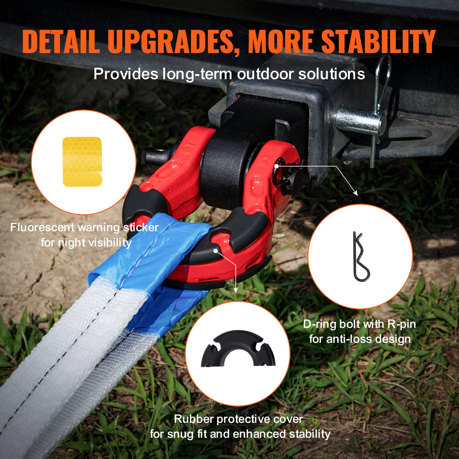 DETAIL UPGRADES, MORE STABILITY  
Provides long-term outdoor solutions  

- Fluorescent warning sticker for night visibility  
- D-ring bolt with R-pin for anti-loss design  
- Rubber protective cover for snug fit and enhanced stability