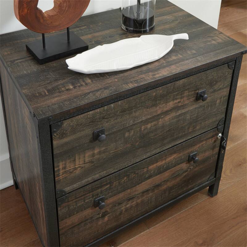 Alt View 4. HTUTWOO - Lateral File with Metal Frame - Wood Filing Cabinet, 2 Close Drawers with Full Extension Slides, Lockable Bottom Drawer - Brown.