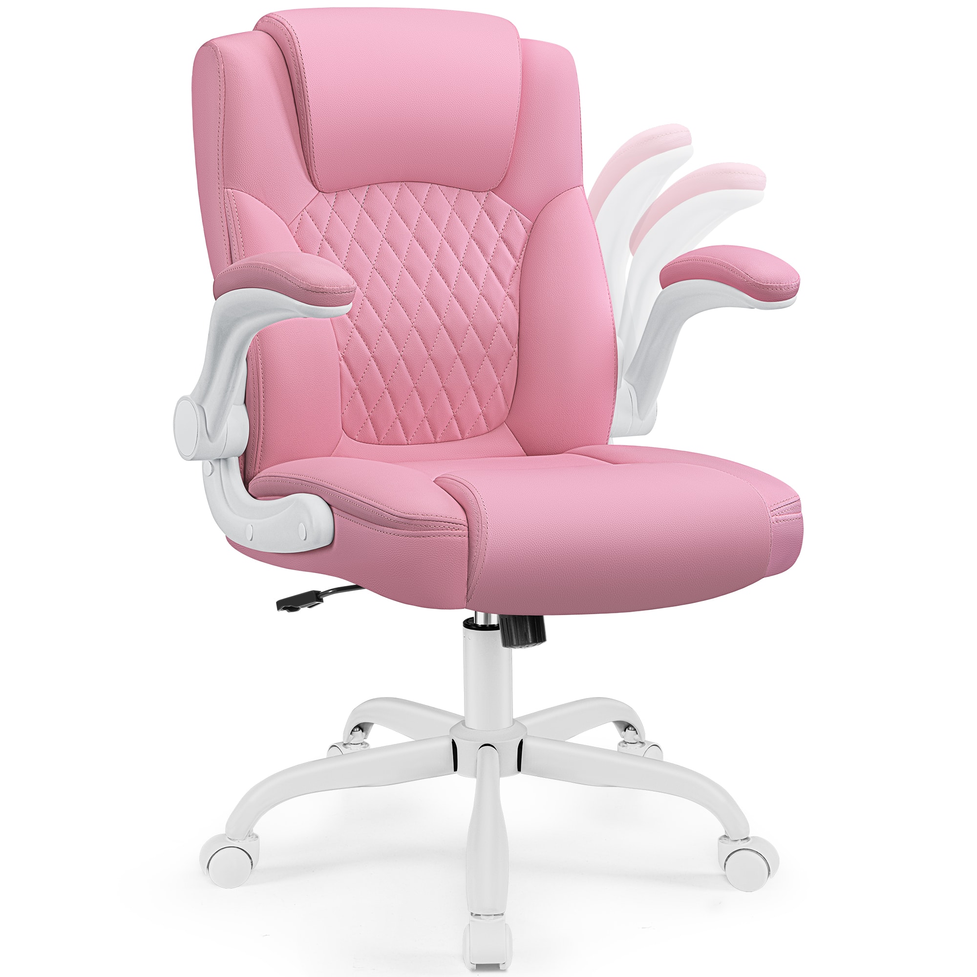 Front. KERDOM - Small Ergonomic Office Chair, PU Leather Computer Desk Chair w Lumbar Support, 360° Swivel & Adjustable Armrests - Pink.
