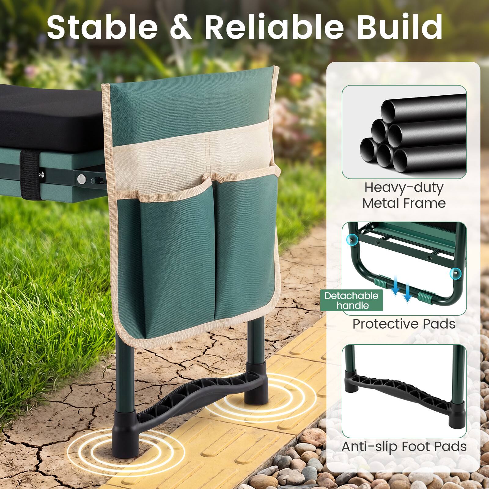 Stable & Reliable Build  
Heavy-duty Metal Frame  
Detachable Handle  
Protective Pads  
Anti-slip Foot Pads