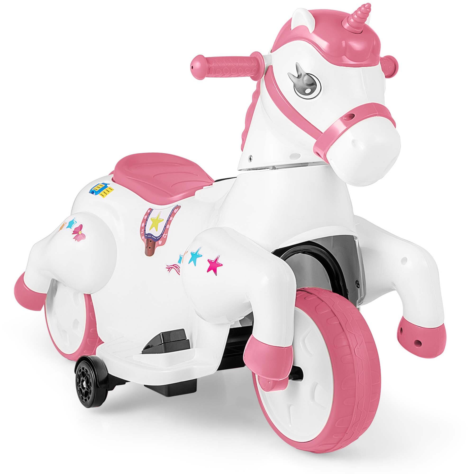 Costway - 12V Kids Ride on Unicorn Toy with Training Wheels Music One-button Start Horse Toy - Pink