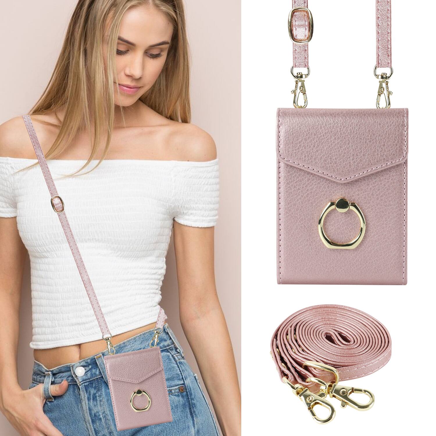Angle. Dteck - Wallet Case for Samsung Galaxy Z Flip7, Crossbody Ring Stand Faux Leather Cover with RFID Blocking Card Holder+Strap - Rosegold.