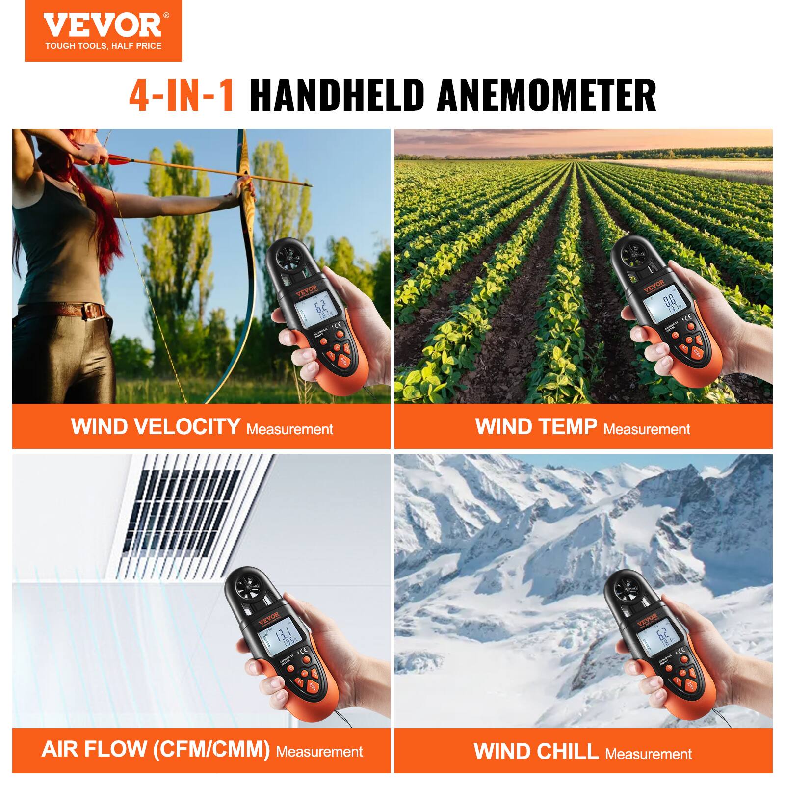 VEVOR TOUGH TOOLS. HALF PRICE 4-IN-1 HANDHELD ANEMOMETER

- WIND VELOCITY Measurement
- WIND TEMP Measurement
- AIR FLOW (CFM/CMM) Measurement
- WIND CHILL Measurement