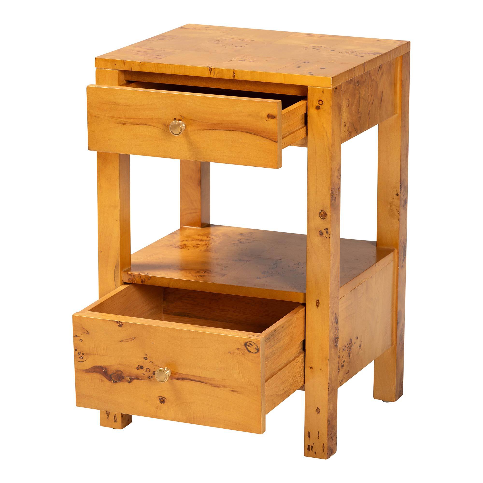 Angle. bali & pari - Azmi Modern and Contemporary Natural Mappa Burl Wood 2-Drawer Nightstand - Light Mappa Burl.