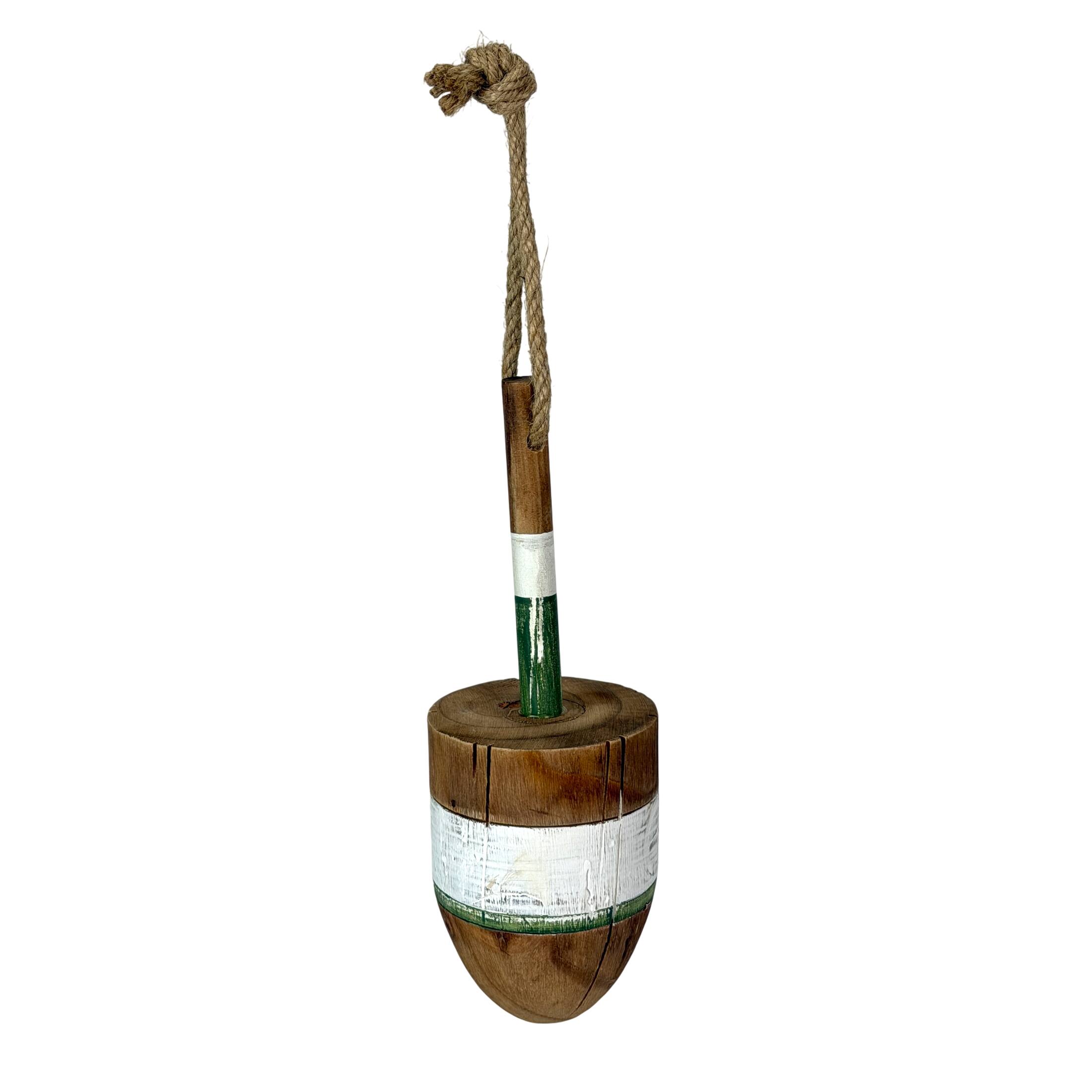 Alt View 1. Things2Die4 - Nautical Wooden Hanging Buoy White Green Striped Rope Wall Decor 15 Inch - White.