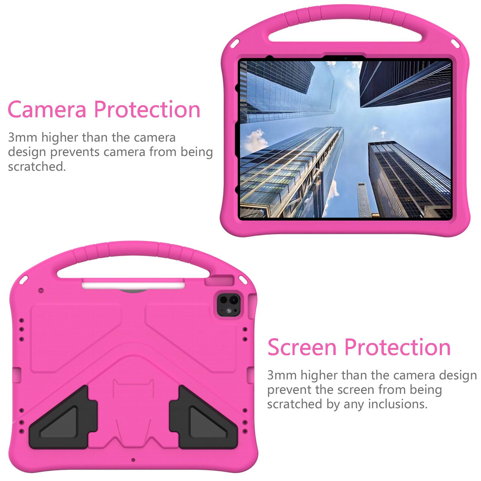 Camera Protection  
3mm higher than the camera design prevents camera from being scratched.  

Screen Protection  
3mm higher than the camera design prevent the screen from being scratched by any inclusions.