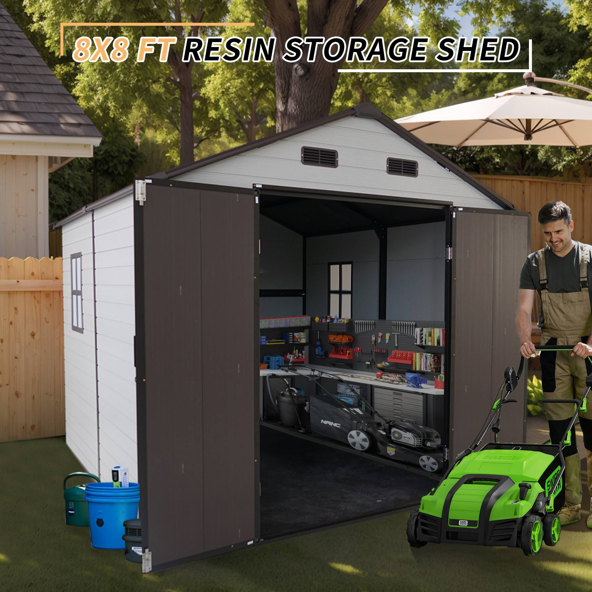 Left. Mondawe - 8x8FT Outdoor Resin Storage Shed with Windows, Strong Aluminum Frame & Floor - Antique Brown+White.