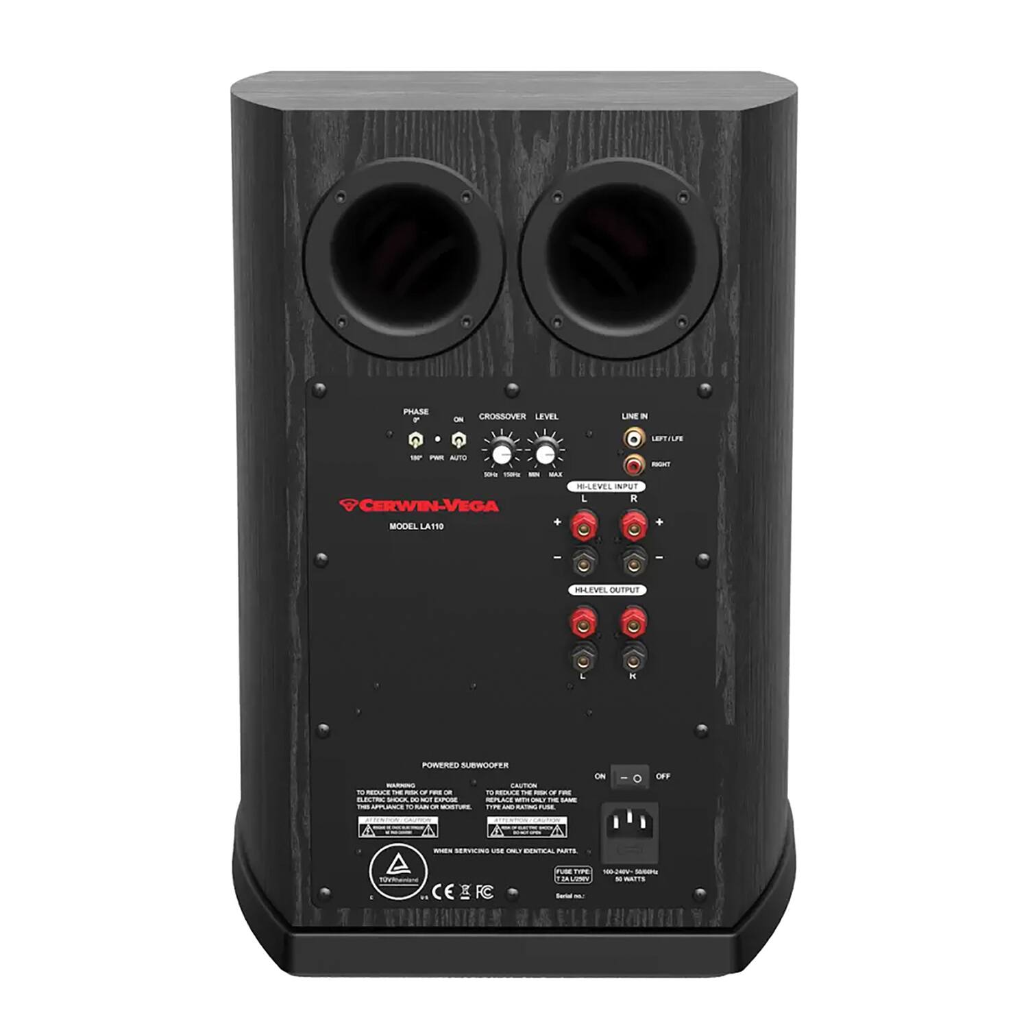 Sure, here is the corrected and grouped text from the image:

---

**CERWIN-VEGA**

**MODEL LA110**

**PHASE**  
- ON  
- OFF

**CROSSOVER LEVEL**  
- AUTO

**LINE IN**  
- LEFT  
- RIGHT

**LEVEL**  
- MIN  
- MAX

**HIGH-LEVEL INPUT**  
- L  
- R

**HIGH-LEVEL OUTPUT**  
- L  
- R

**POWER**  
- ON  
- OFF

**CAUTION**  
- TO REDUCE THE RISK OF FIRE OR ELECTRIC SHOCK, DO NOT EXPOSE THIS APPLIANCE TO RAIN OR MOISTURE.

**WARNING**  
- TO REDUCE THE RISK OF ELECTRIC SHOCK, DO NOT REMOVE COVER. NO USER-SERVICEABLE PARTS INSIDE.

**CE**  
**FC**

---

This text is organized based on the labels and controls visible on the speaker.