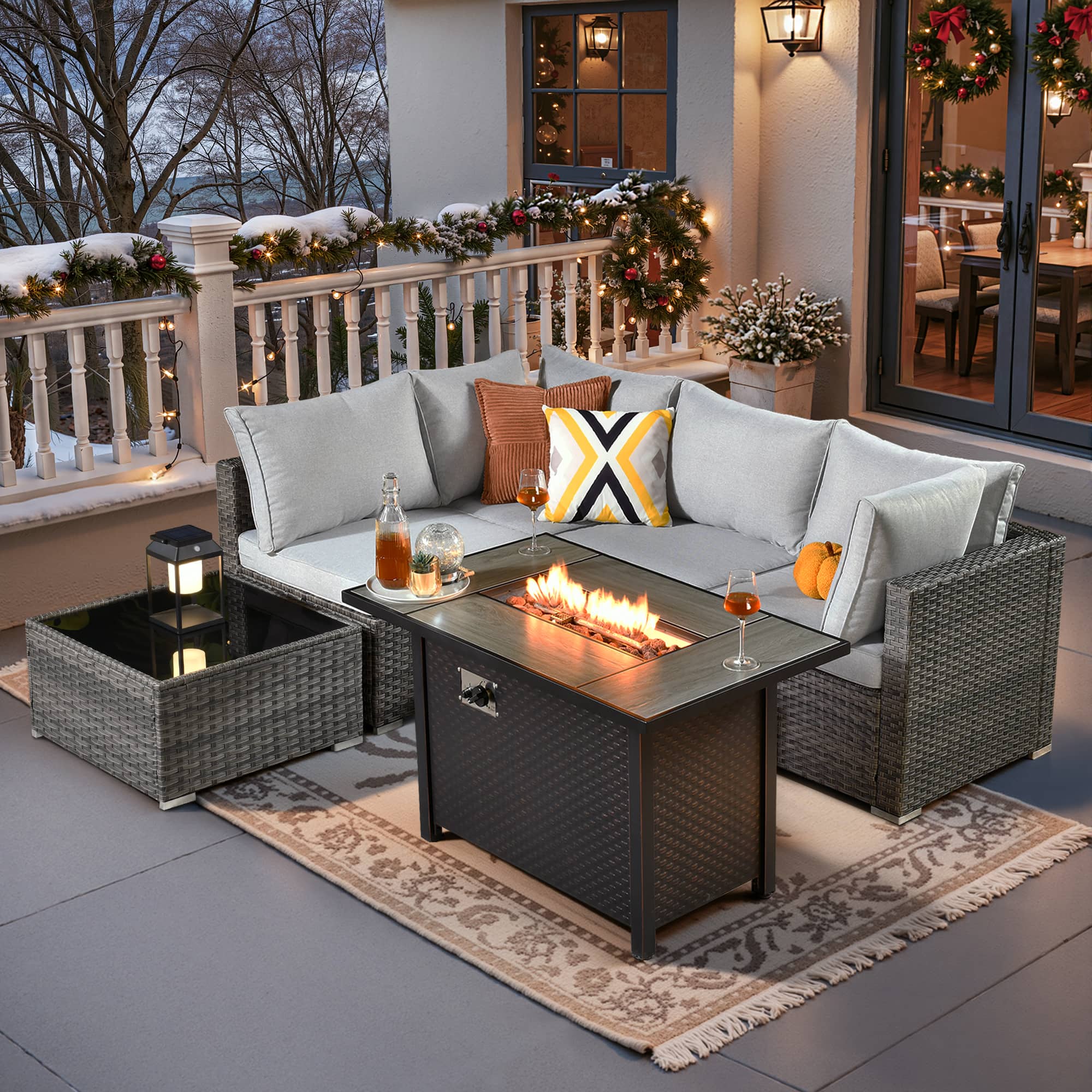Ovios - 6 PCS Wicker Patio Furniture Outdoor Sectional Sofa with Coffee Table & 42'' Firepit Table - Gray