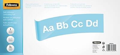 Sure, here is the corrected and grouped text from the image:

---

**Follows**

**Self-Adhesive Laminating Roll**

- **English:** Self-Adhesive Laminating Roll
- **French:** Rouleau de pelliculage auto-adhésif
- **Spanish:** Rollo plástico autoadhesivo

**Features:**
1. **Easy to Use:** Simply peel and stick.
2. **Durable:** Protects your documents from wear and tear.
3. **Clear Finish:** Provides a clear, professional finish.

**Aa Bb Cc Dd**

**Follows**

**Barcode and Additional Information:**
- [Barcode Image]
- [Additional Text and Symbols]

---