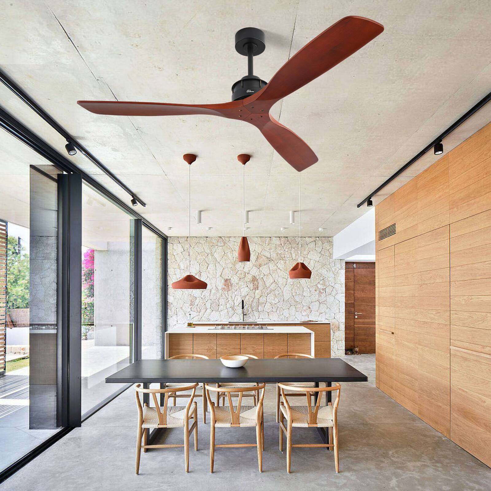 Back. Sofucor - 60 Inch Solid Wood Ceiling Fan With Remote Control Indoor/Outdoor Ceiling Fan with Reversible DC Motor 6 Speed 3 Blades - Black-Walnut No Light.