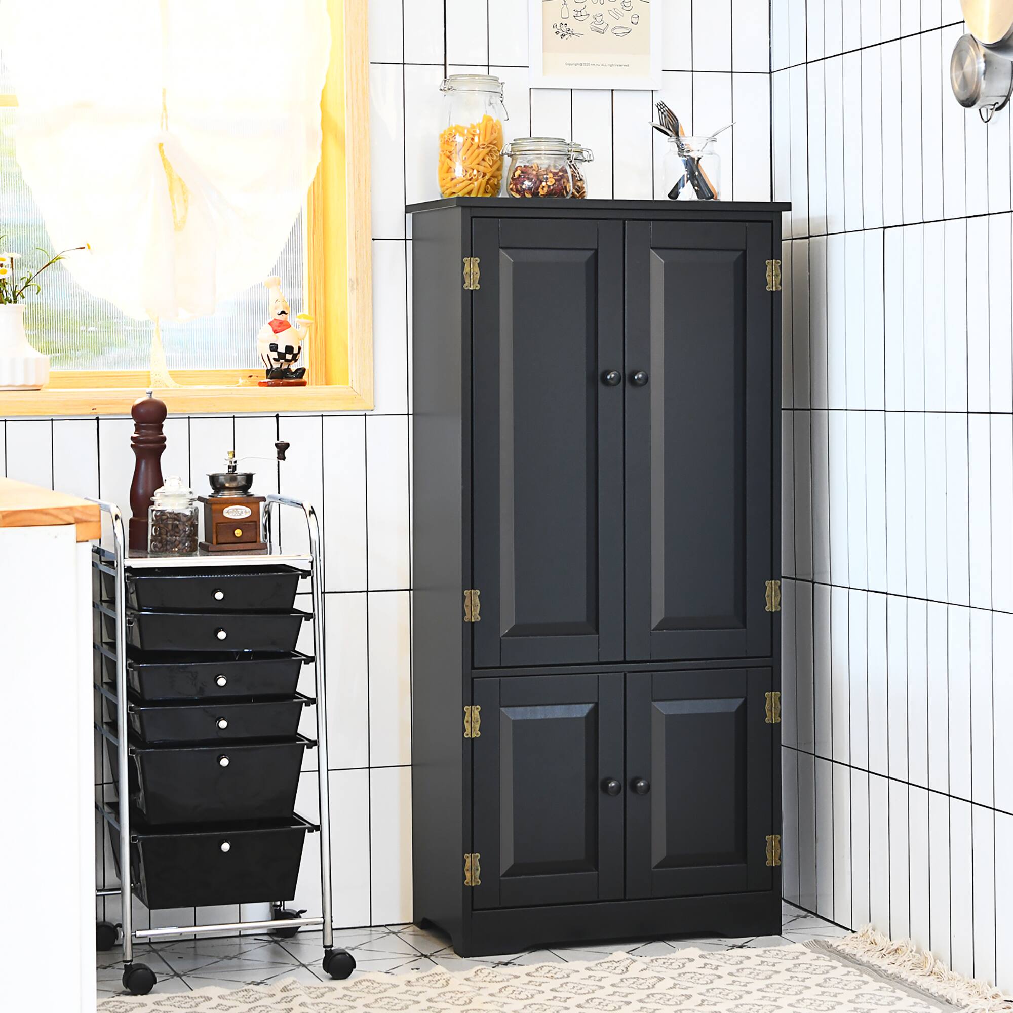 Alt View 3. Costway - Costway Accent Floor Storage Cabinet W/ Adjustable Shelves Antique 2-Door - Black.