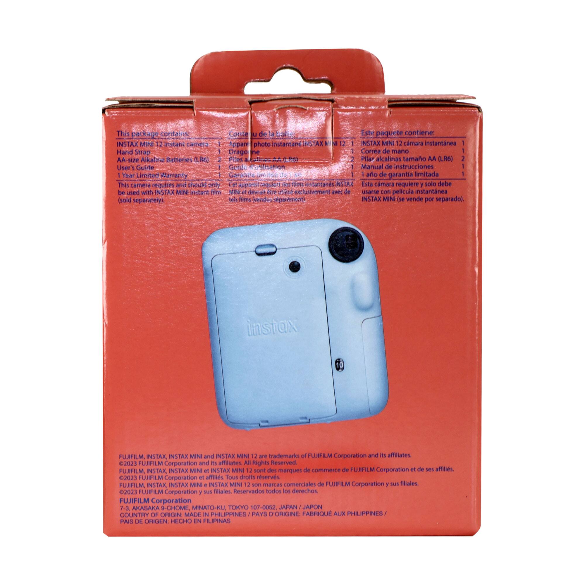 This package contains:
- INSTAX MINI 12 Instant Camera
- Hand Strap
- AA-size Alkaline Batteries (LR6)
- User's Guide
- 1 Year Limited Warranty

This camera requires and should only be used with INSTAX MINI instant film (sold separately).

Este paquete contiene:
- INSTAX MINI 12 cámara instantánea
- Correa de mano
- Pilas alcalinas tamaño AA (LR6)
- Manual de instrucciones
- Año de garantía limitada

Esta cámara requiere solo debe usarse con película instantánea INSTAX MINI (se vende por separado).

FUJIFILM INSTAX, INSTAX MINI and INSTAX MINI 12 are trademarks of FUJIFILM Corporation and its affiliates. ©2023 FUJIFILM Corporation and its affiliates. All Rights Reserved.

FUJIFILM INSTAX, INSTAX MINI et INSTAX MINI 12 sont des marques de commerce de FUJIFILM Corporation et de ses affiliés. ©2023 FUJIFILM Corporation et ses affiliés. Tous droits réservés.

FUJIF