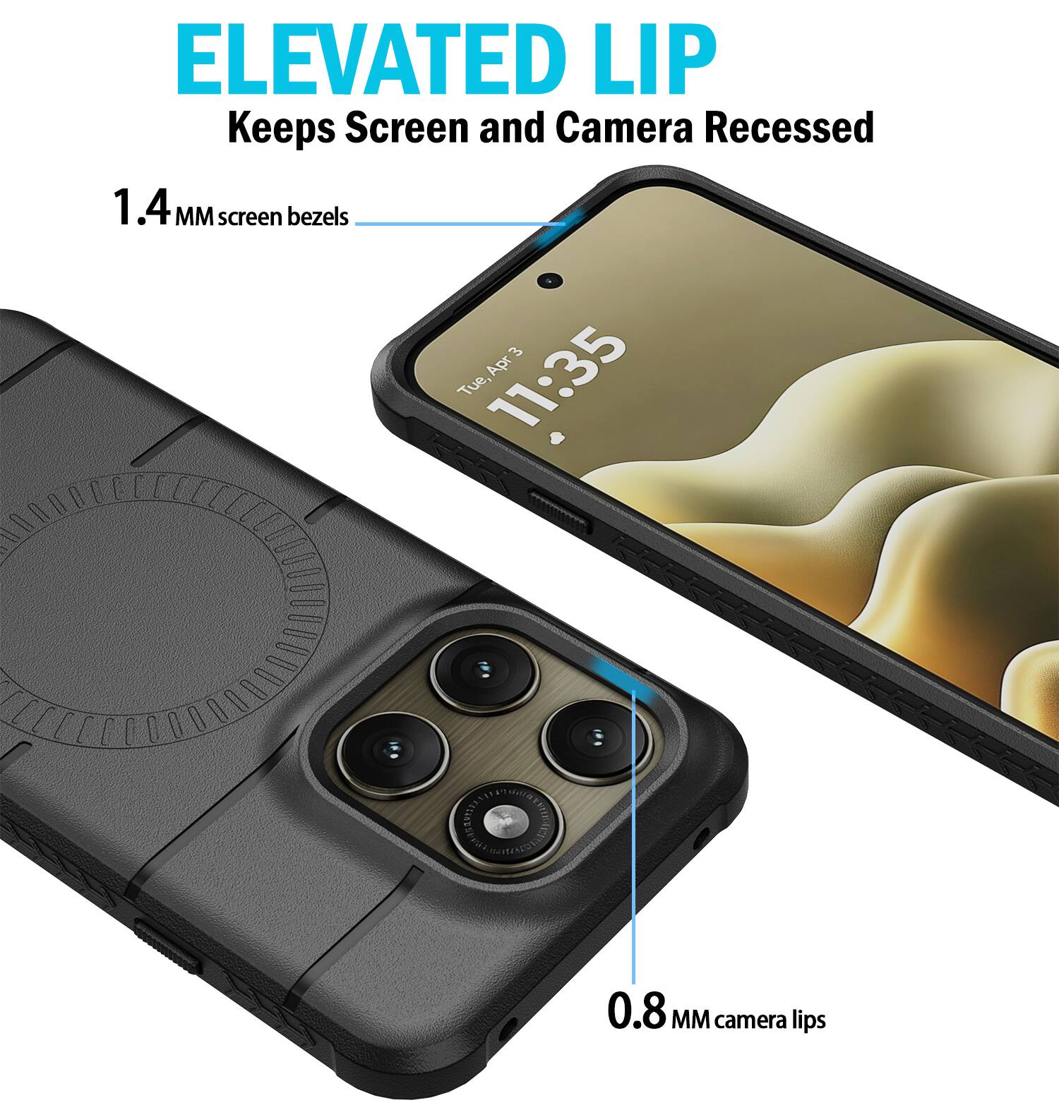 ELEVATED LIP  
Keeps Screen and Camera Recessed  
1.4 MM screen bezels  
0.8 MM camera lips