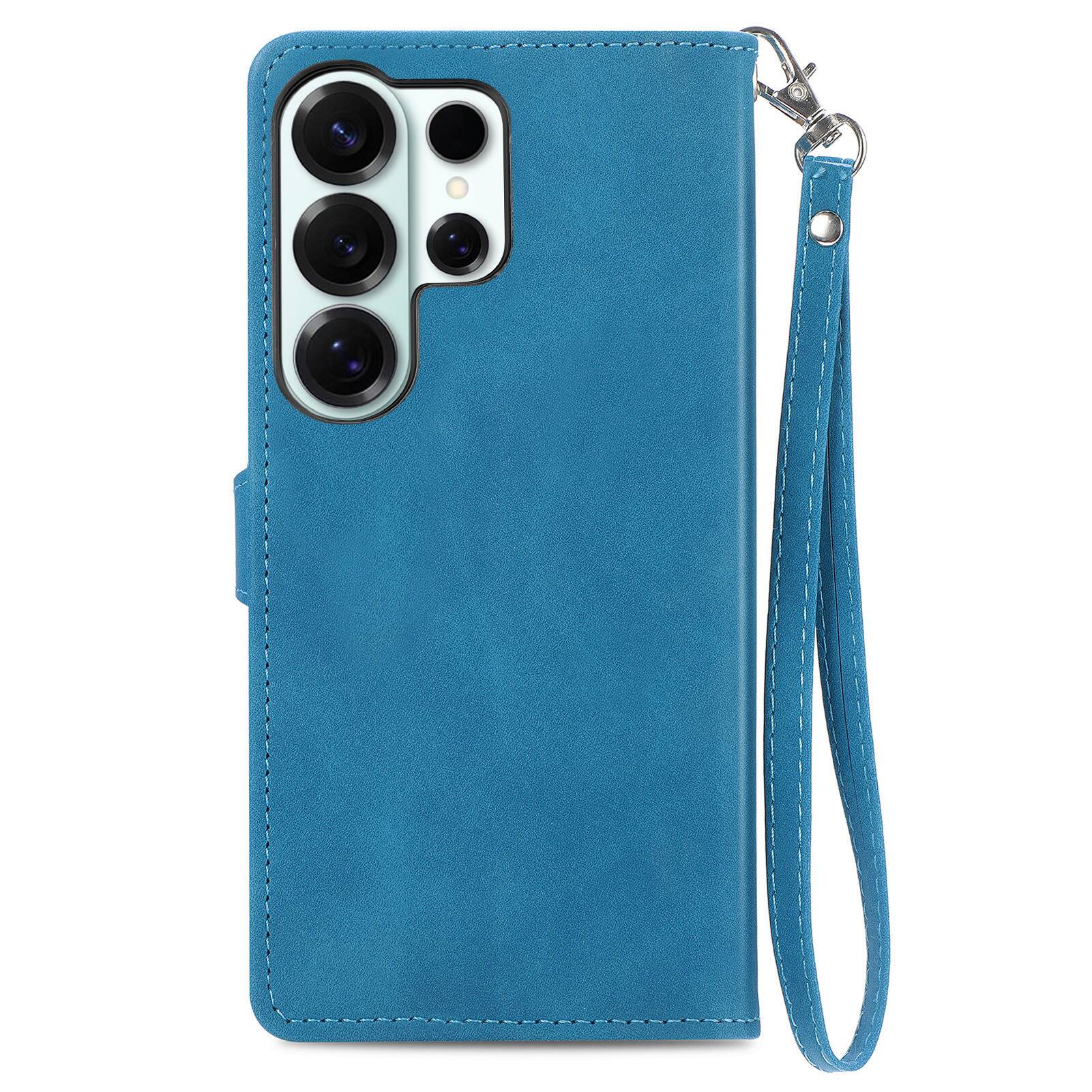 Left. Dteck - for Samsung Galaxy S26 Ultra Wallet Case,Folio Shockproof PU Leather Card Holder Cover with Zipper Pocket & Wrist Strap - Blue.