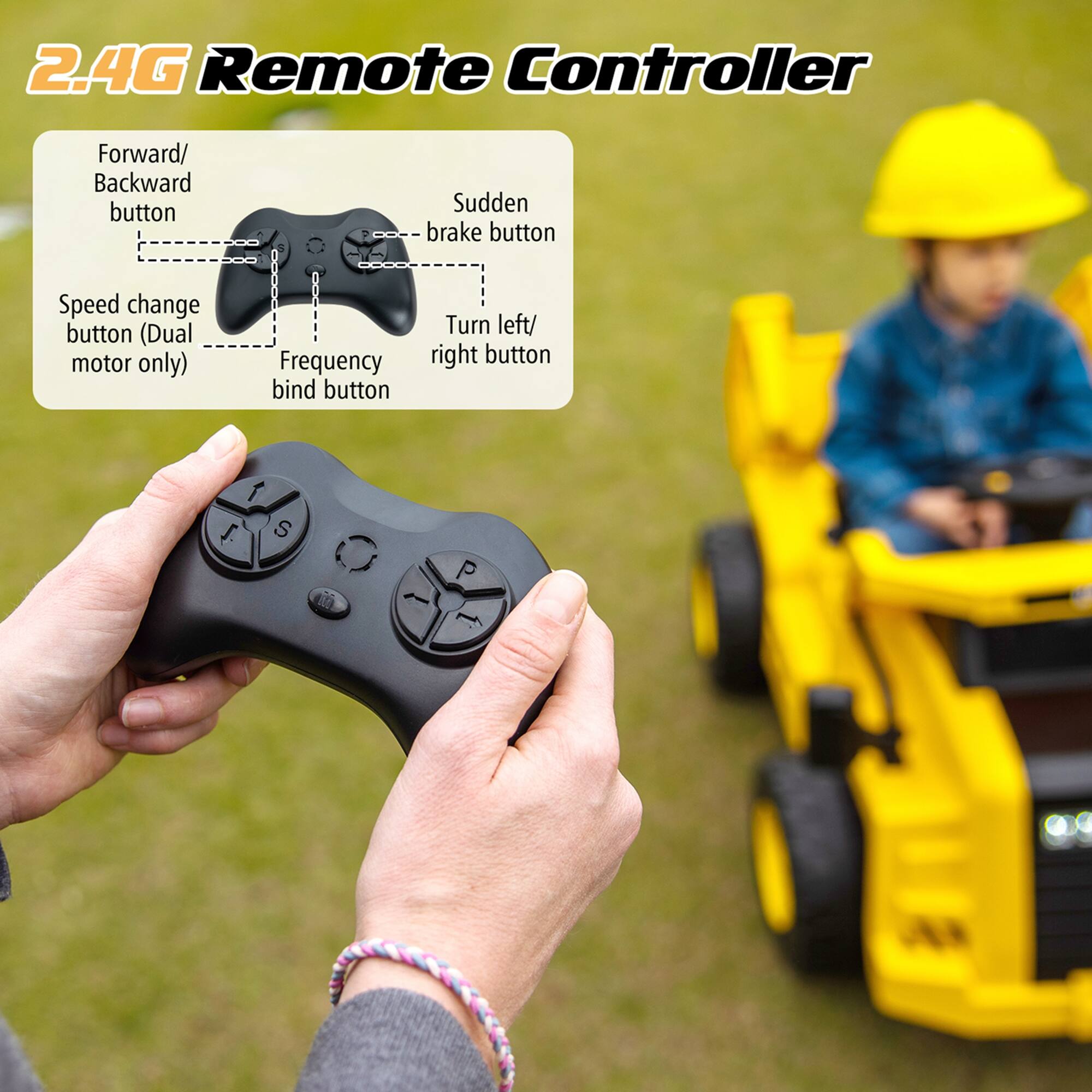 2.4G Remote Controller

- Forward/ Backward button
- Sudden brake button
- Speed change button (Dual motor only)
- Frequency bind button
- Turn left/ right button