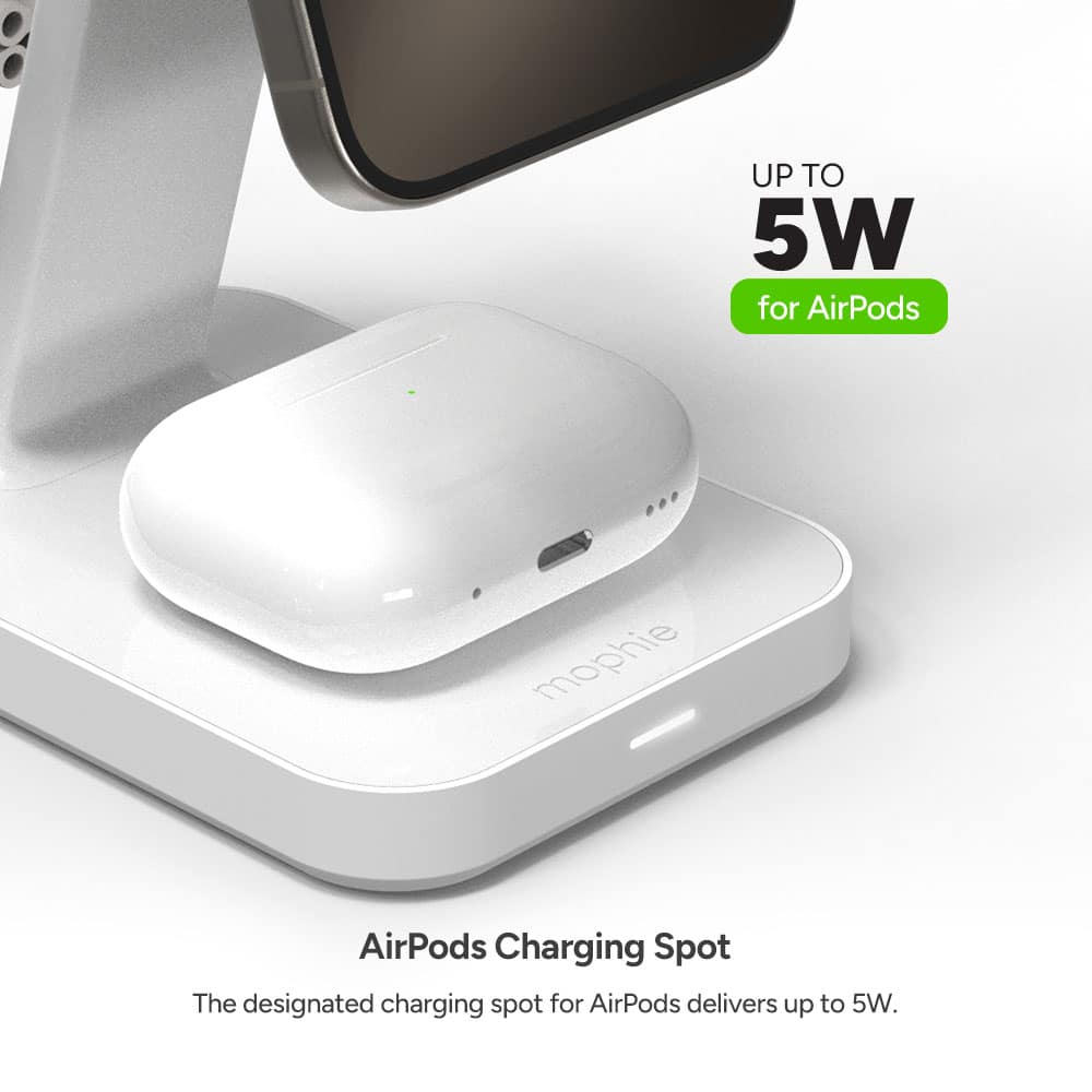 The designated charging spot for AirPods, the mophie AirPods Charging Spot, delivers up to 5W.