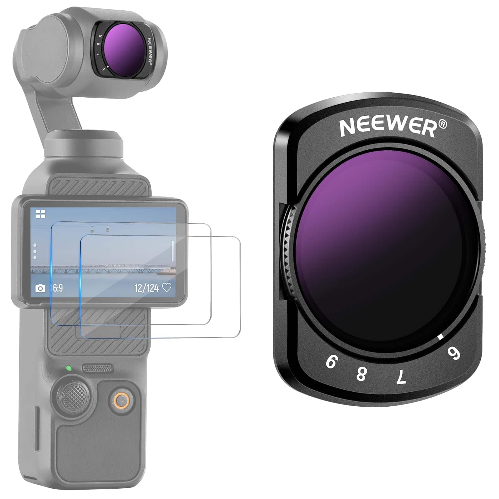 Neewer - Magnetic Variable ND Filter (ND64-512) for DJI Pocket 3, w/ Screen Protectors