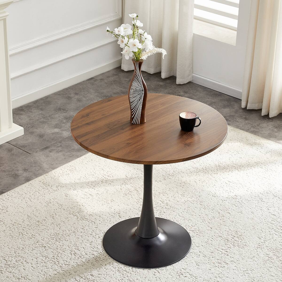 Front. Loheer - Loheer Round Dining Table, 31.5-Inch Faux Walnut Pedestal Table for Small Spaces - Black and walnut.