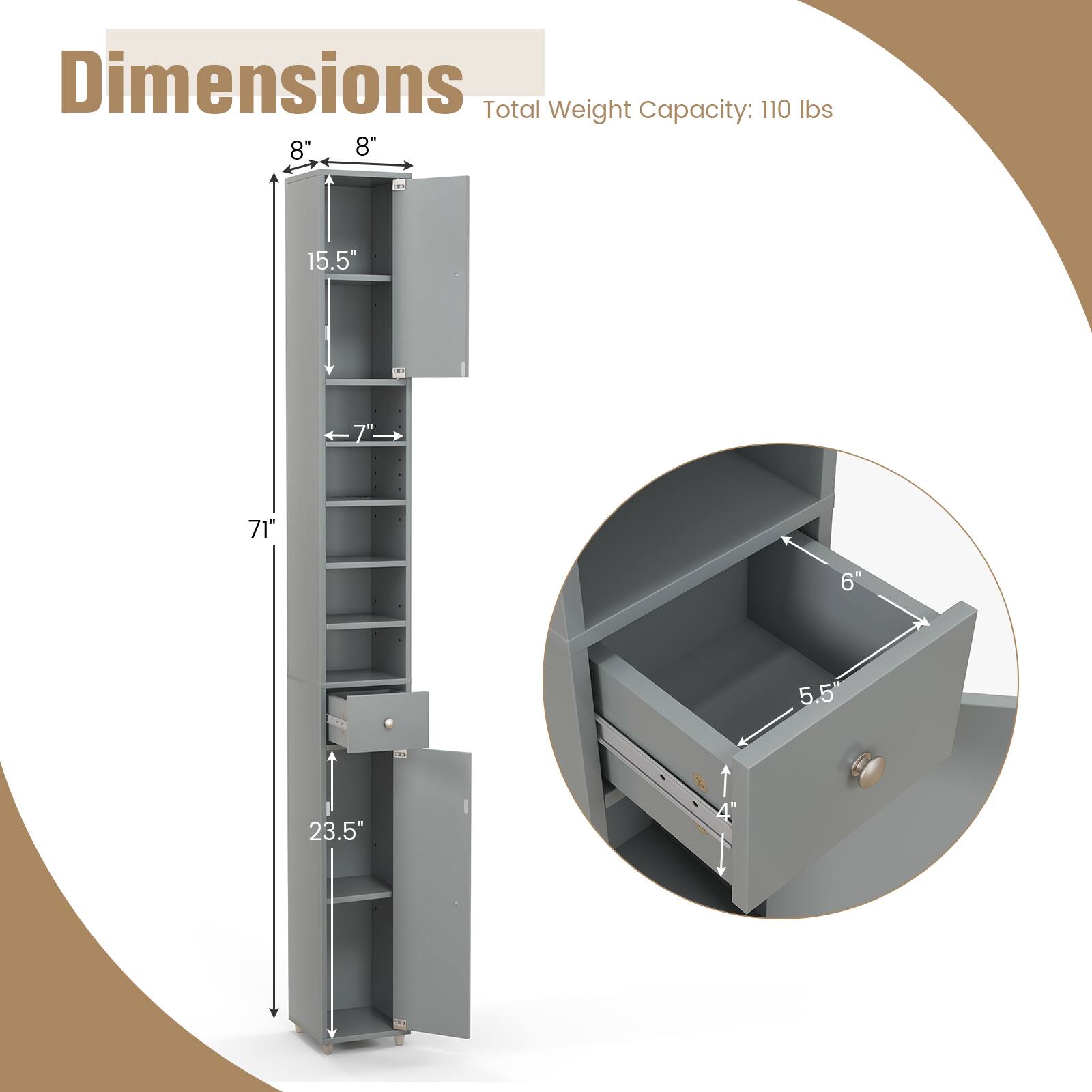 Dimensions: 8" 8" 15.5" 7" 71" 6" 23.5" 4" 4" 5.5"

Total Weight Capacity: 110 lbs