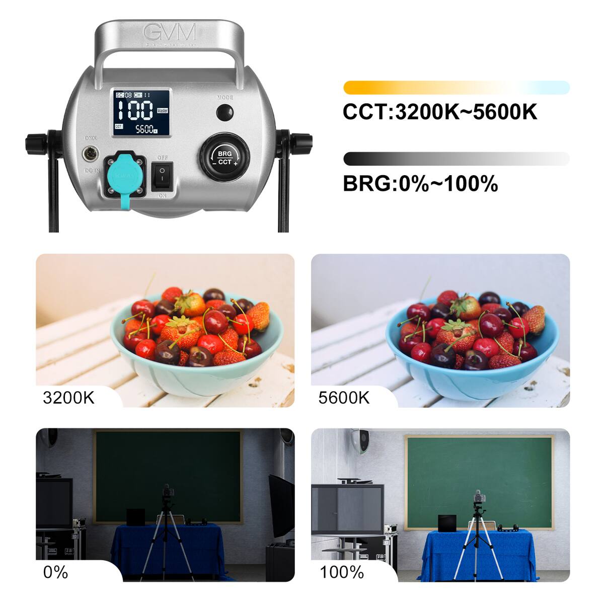 GVM 0X   1 00 e - ccon 50UUE 1700E CCT:3200K~5600K DO1 12 - OFF 1 01 BRG CCT . BRG:0%~100% 3200K 5600K 0% 100%