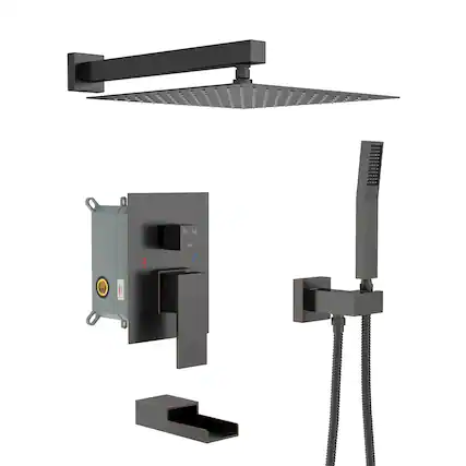 Front. Lordear - Shower System with Waterfall Tub Spout,12 Inch Wall Mounted Square Shower System with Rough-in Valve,Oil Rubber Bronze - Oil Rubber Bronze.