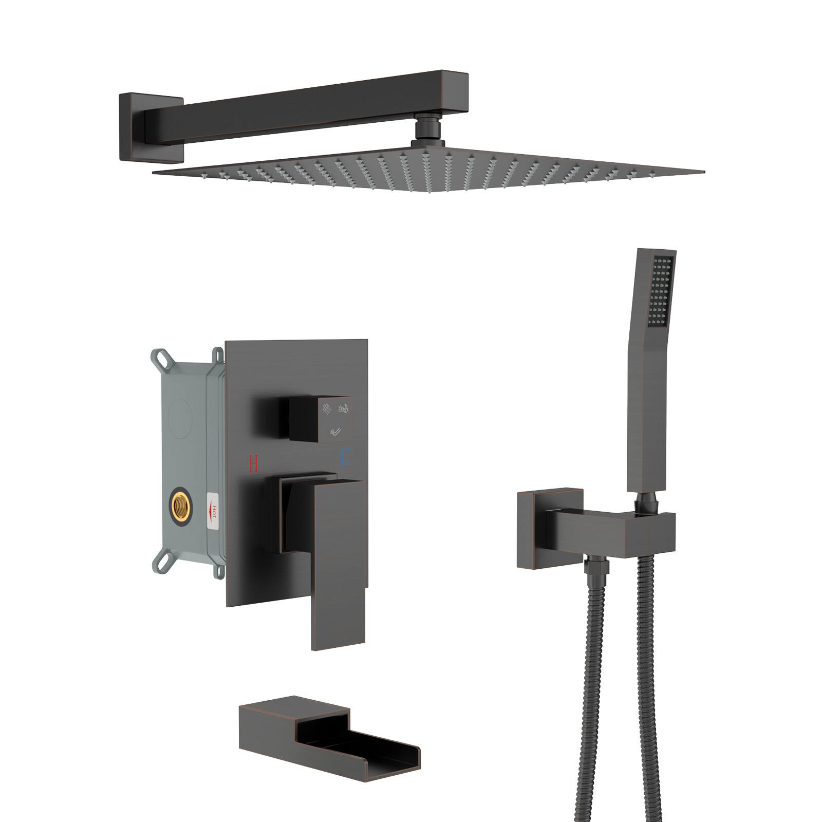 Front. Lordear - Shower System with Waterfall Tub Spout,12 Inch Wall Mounted Square Shower System with Rough-in Valve,Oil Rubber Bronze - Oil Rubber Bronze.