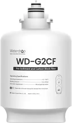 Waterdrop
Reverse Osmosis Water Filtration System
WD-G2CF
Pre-Sediment and Carbon Block Filter
Operating Specifications
Operating temperature: 41~100°F
Working pressure: 14.5~87psi
Feed water requirement: Municipal tap water
NOTE: Please refer to the user manual for detailed filter instructions.
Qingdao Ecopure Filter Co., Ltd.
Made in China
V010