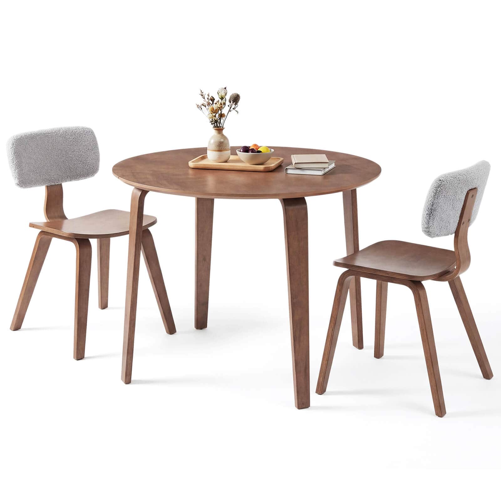 Costway - 3 PCS Dining Table Set with 2 Padded Dining Chairs, Circle Dinner Dinette Table - Gray & Walnut