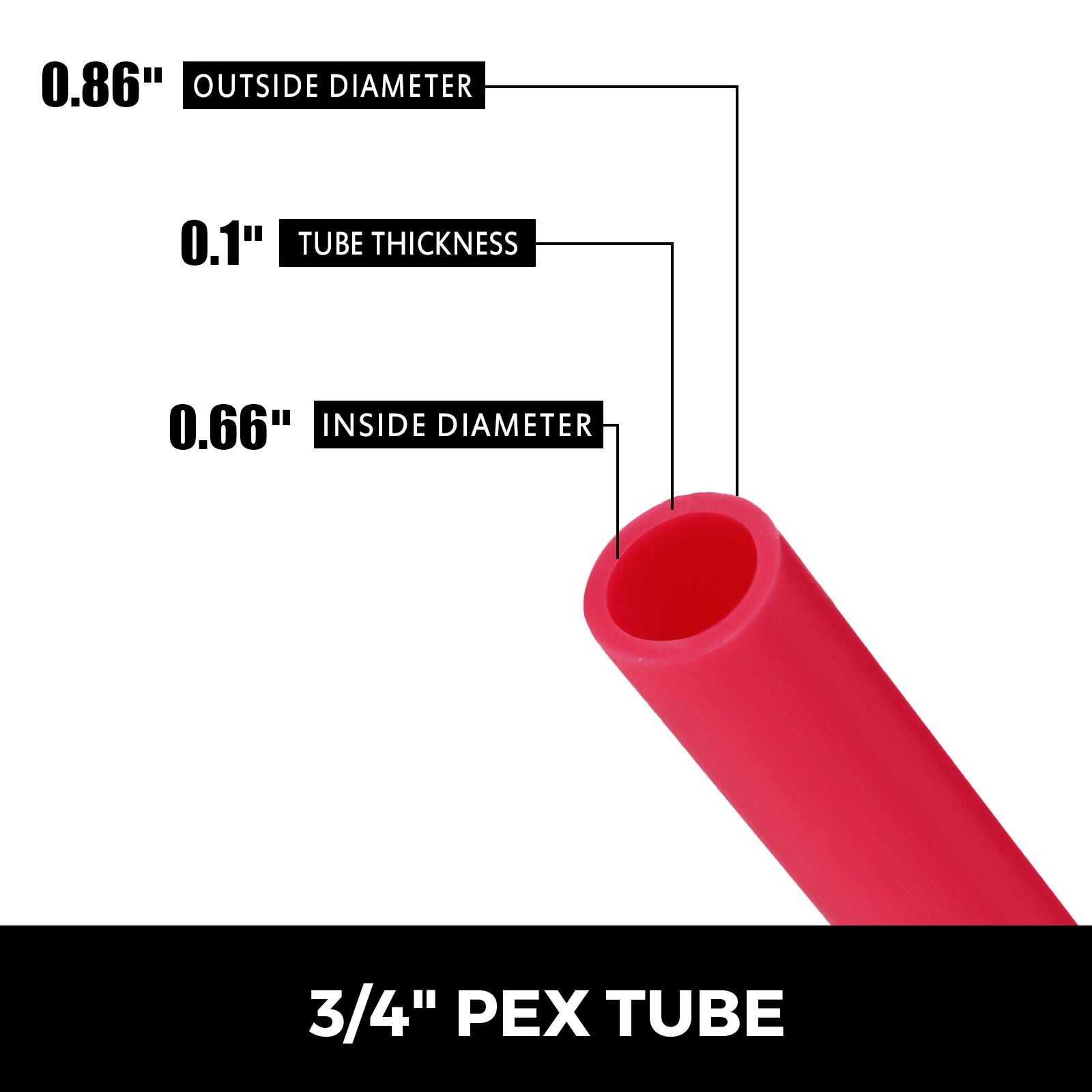 0.86" OUTSIDE DIAMETER  
0.1" TUBE THICKNESS  
0.66" INSIDE DIAMETER  
3/4" PEX TUBE
