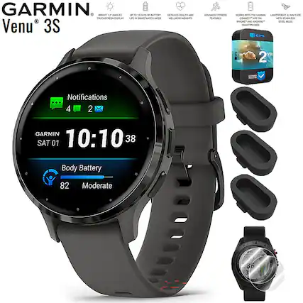 GARMIN Venu 3S
- BRIGHT 1.2" AMOLED TOUCHSCREEN DISPLAY
- UP TO 10 DAYS OF BATTERY LIFE IN SMARTWATCH MODE
- DETAILED HEALTH AND WELLNESS INSIGHTS
- ADVANCED FITNESS FEATURES
- WORKS WITH THE GARMIN IPHONE AND ANDROID SMARTPHONES
- LIGHTWEIGHT 41MM CASE WITH STAINLESS STEEL BEZEL
- 2 YEAR WARRANTY
Notifications
4 2
GARMIN
SAT 01
10:10
38
Body Battery
82 Moderate